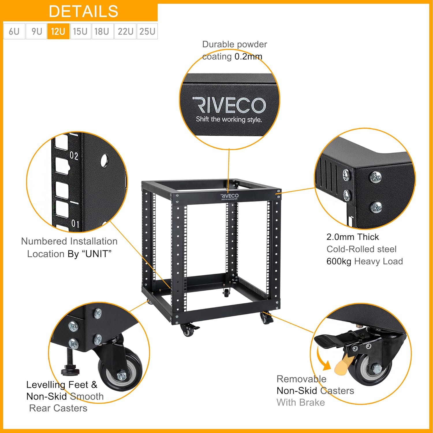 12U Open Frame Server Rack with Wheels 19 Inch Heavy Duty