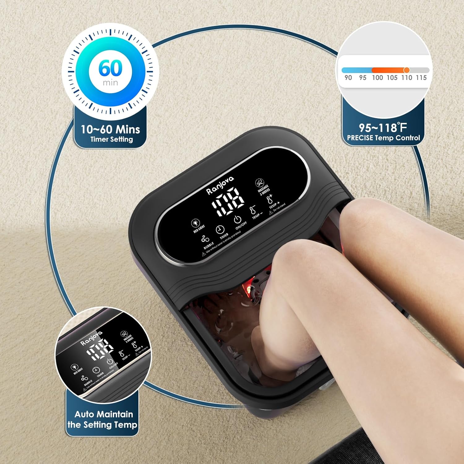 Foldable Foot Spa Massager Heat Bubble Shiatsu Balls Temp Control