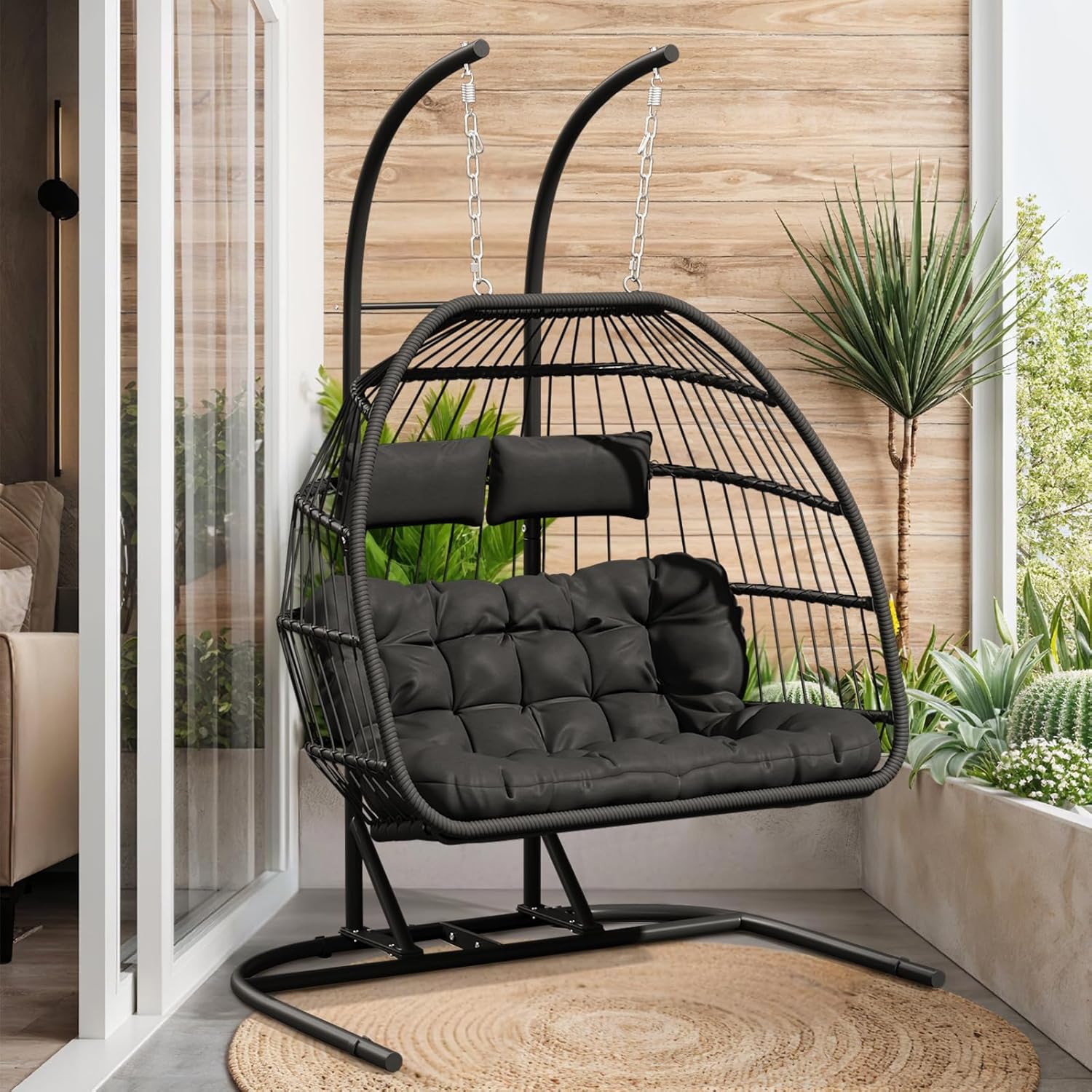 2 Seater Egg Swing Chair with Stand Cushion Black