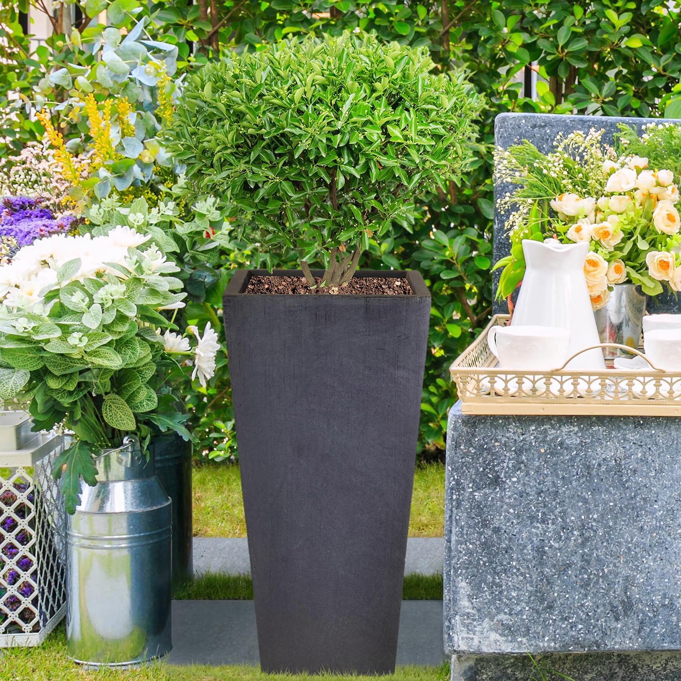 65cm Tall Planter Dark Grey Stone Effect Square Outdoor Pot