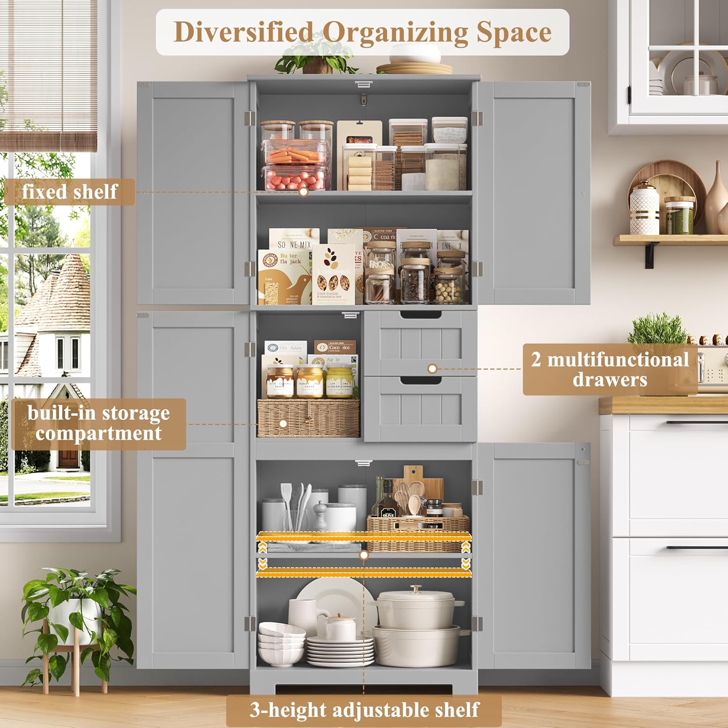 Tall Bathroom Storage Cabinet 2 Drawers Adjustable Shelves Grey