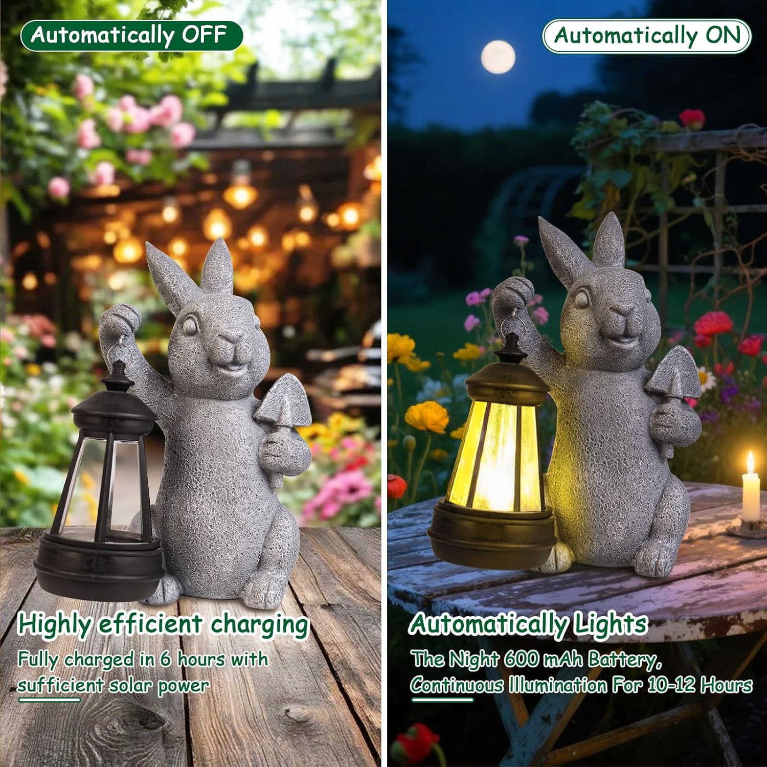 Solar Rabbit Garden Statue LED Light Outdoor Resin Ornament Gift