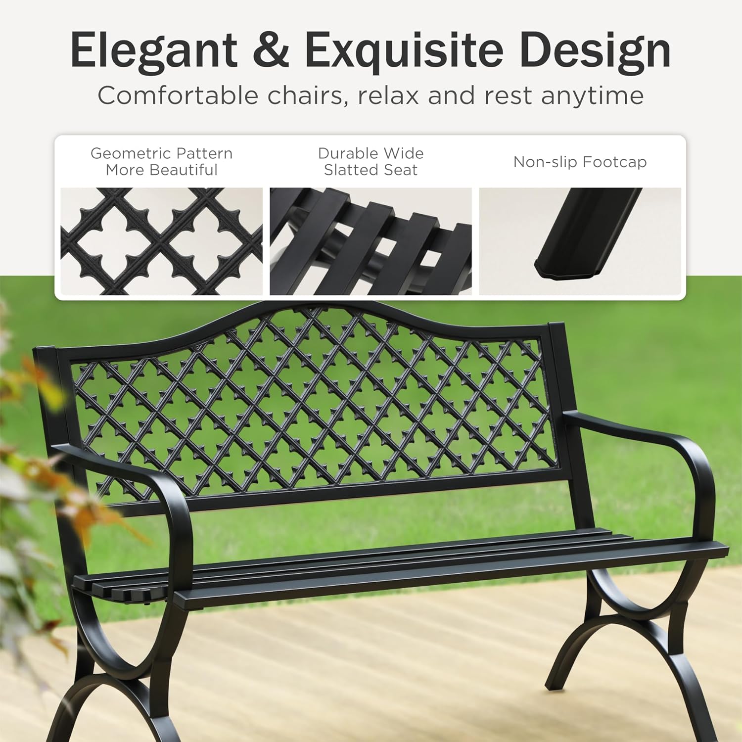 Black Metal Garden Bench 127cm Outdoor Patio Park Bench 2-3 Seater