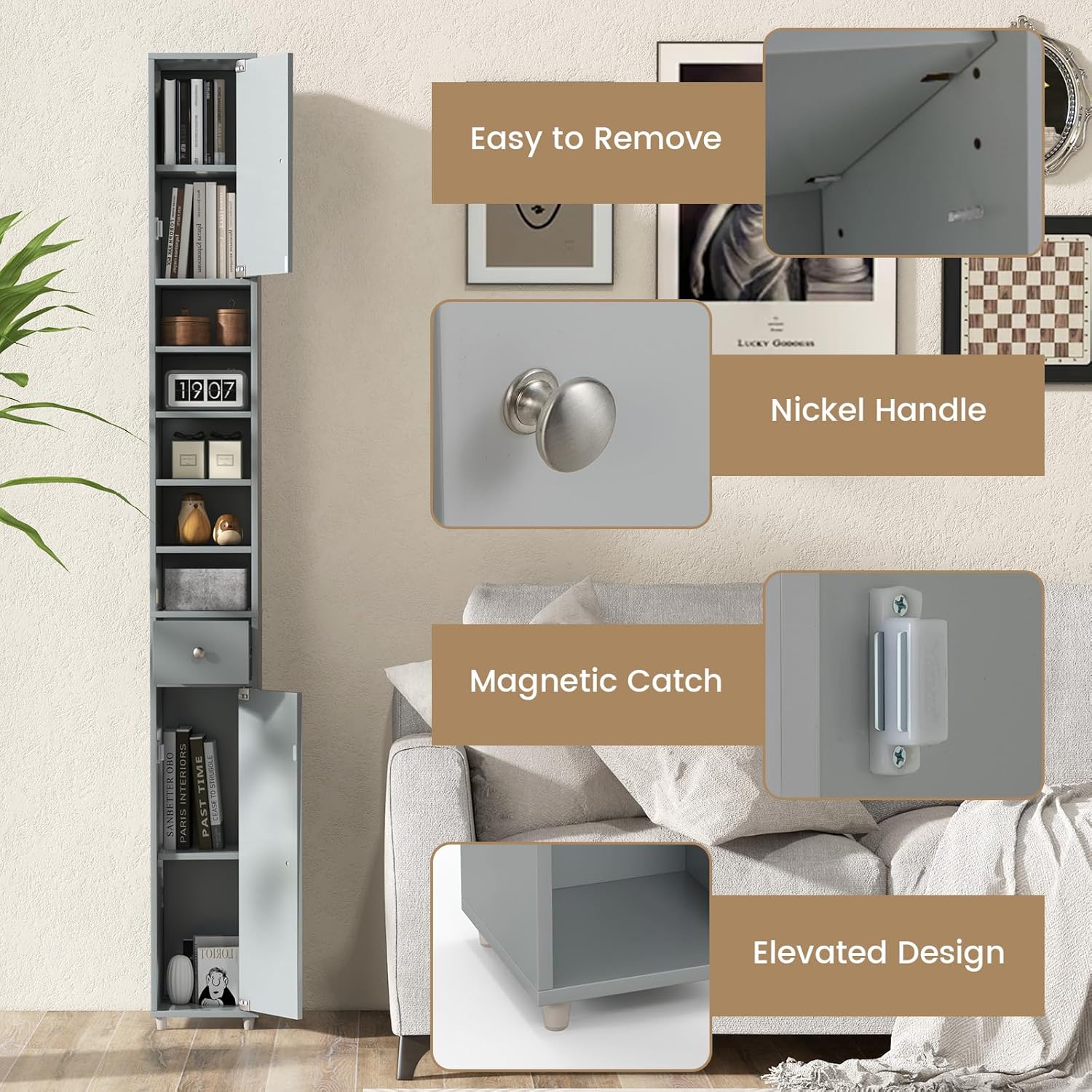 Tall Slim Storage Cabinet Grey Drawer Adjustable Shelf Unit