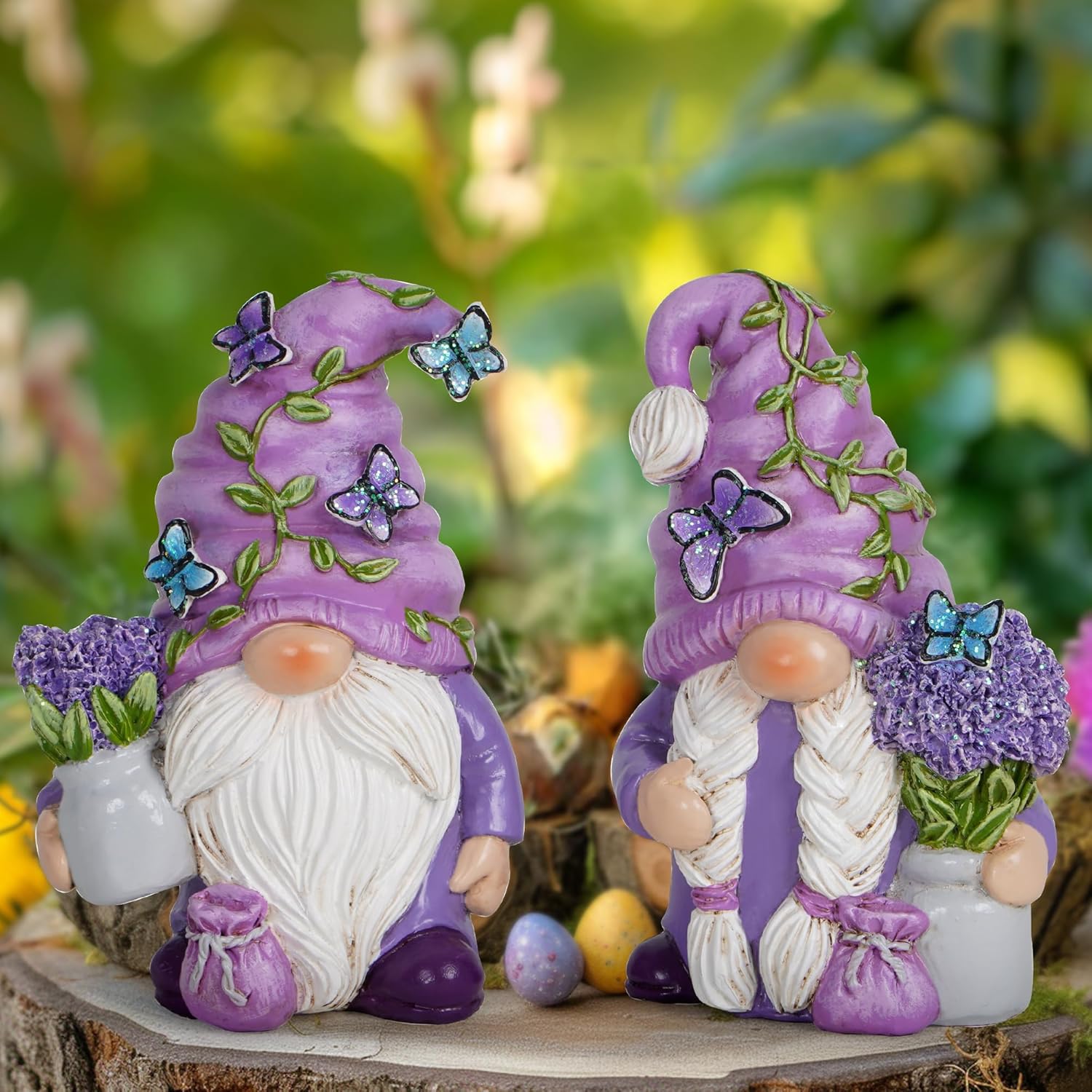 Lavender Gnome Set 2PCS Resin Fairy Elf Figurines Purple Decor