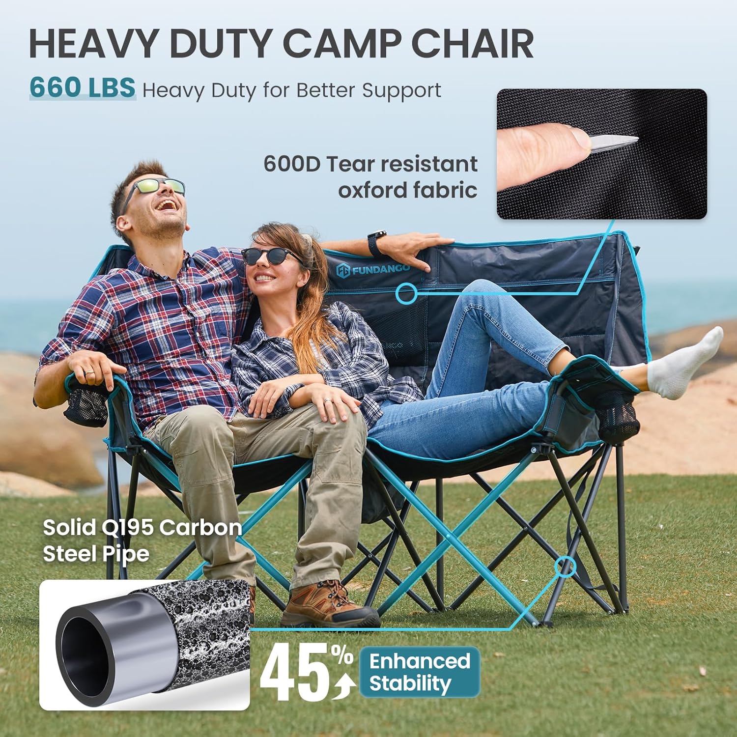 Extra Wide Double Camping Chair Foldable Black