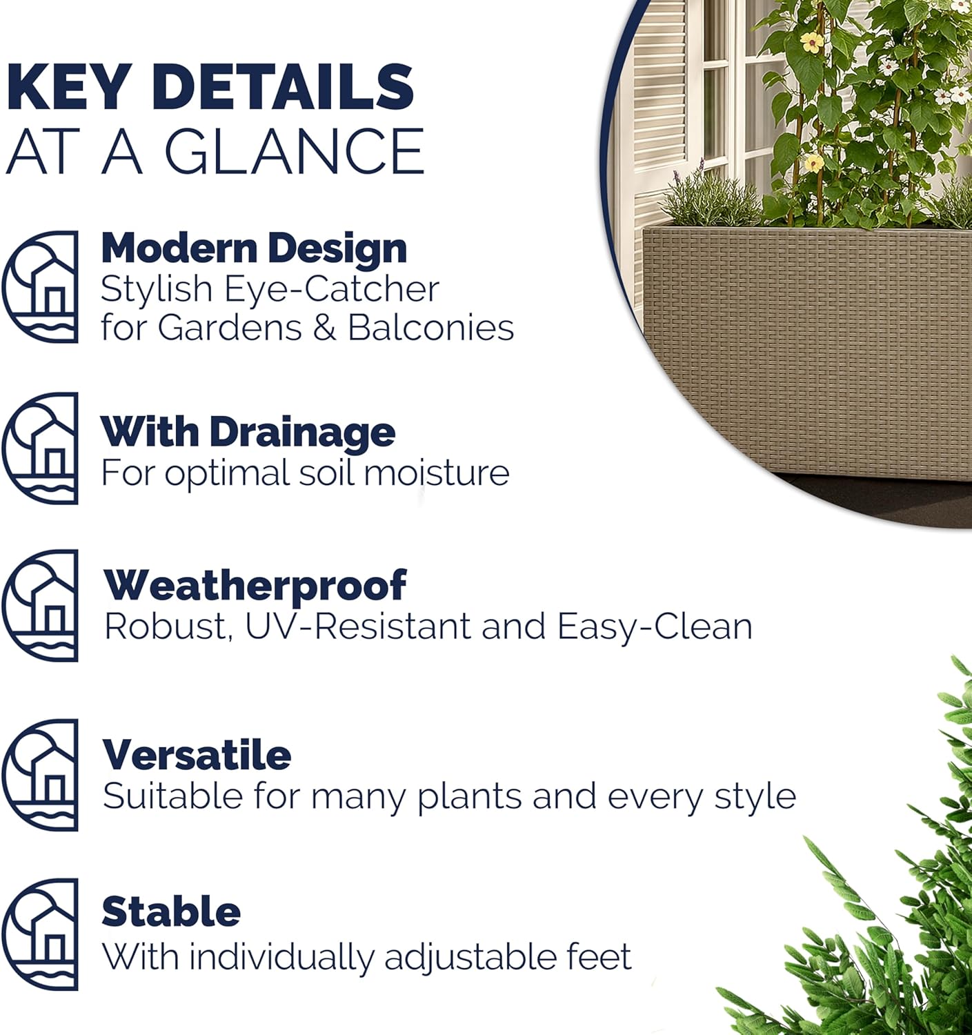 Large Tall Rattan Planter Box 95cm Cream with 4 Inner Pots