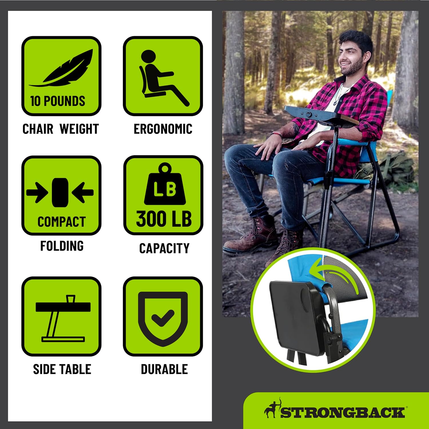 Ergonomic Director Camping Chair with Side Table Black