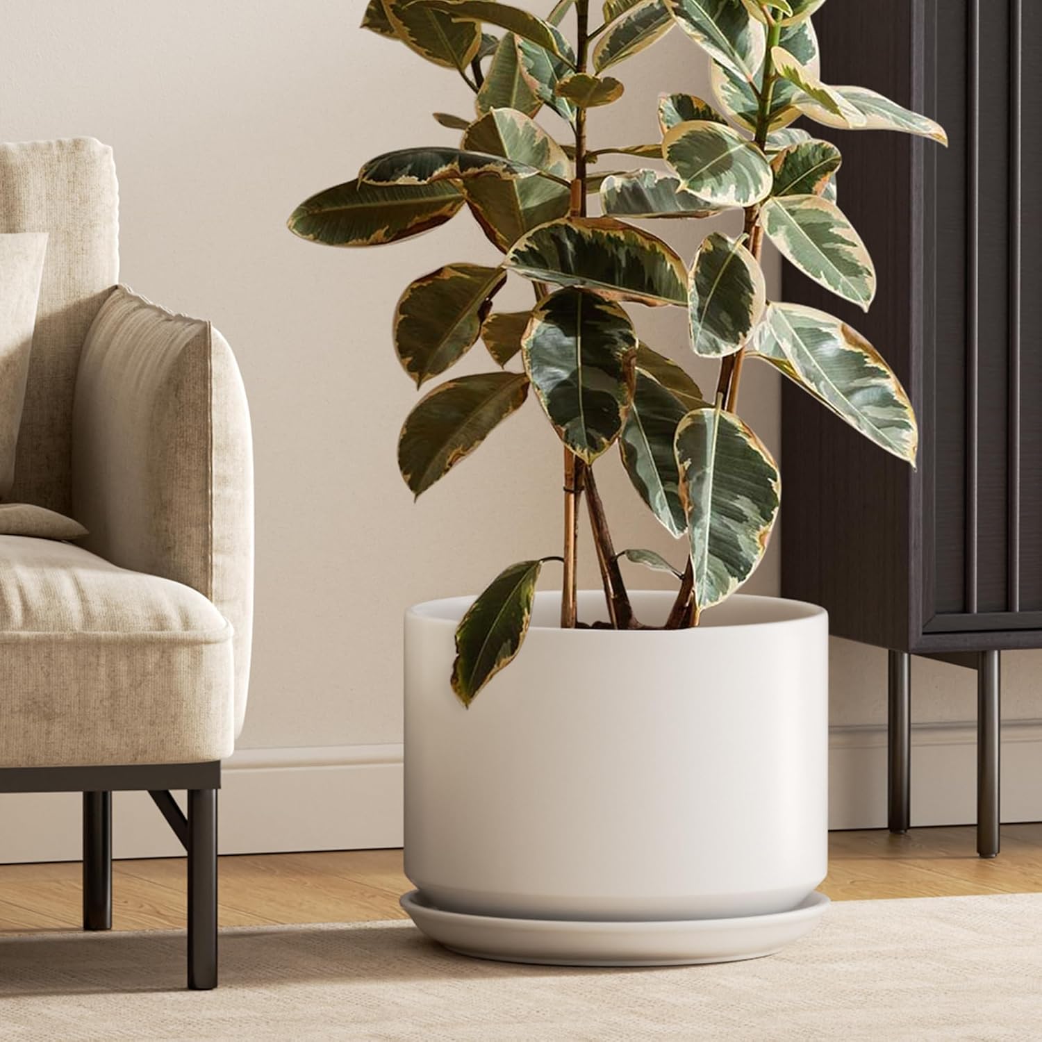 30cm Large Ceramic Plant Pot White with Saucer Drainage