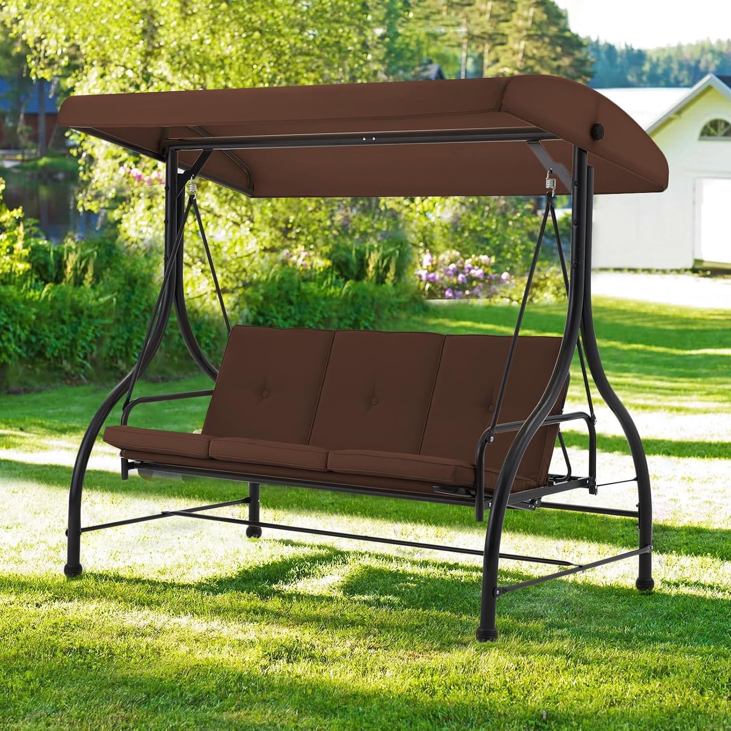 3 Seater Garden Swing Bed Brown Canopy Cushions Steel