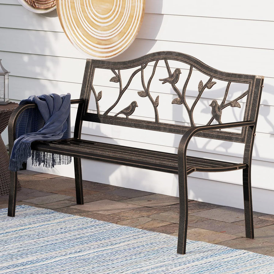 Bronze Metal Garden Bench 2–3 Seater Bird Design Patio Seat Steel