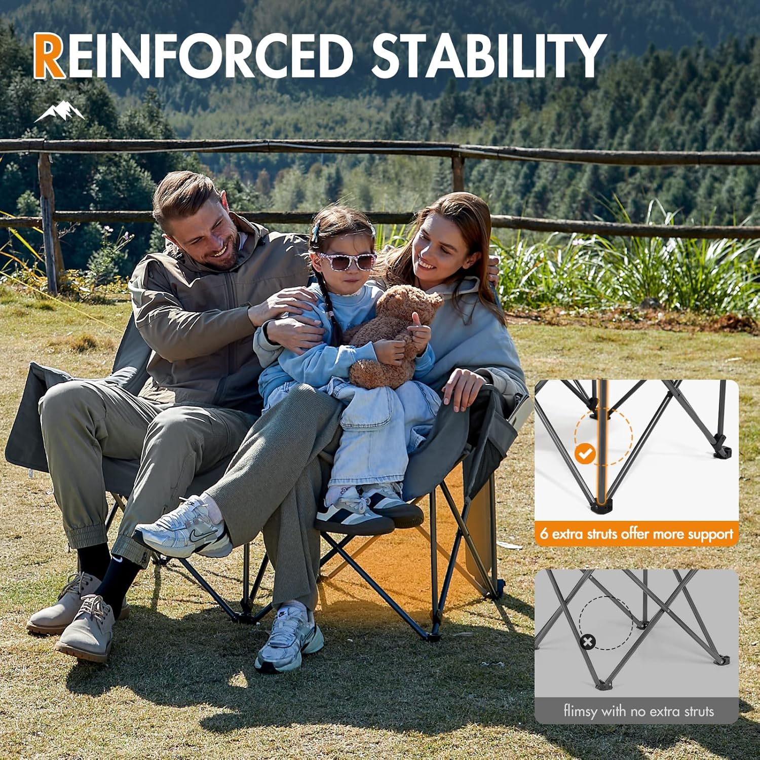 Double Camping Sofa Chair Foldable 2 Seater Padded Grey