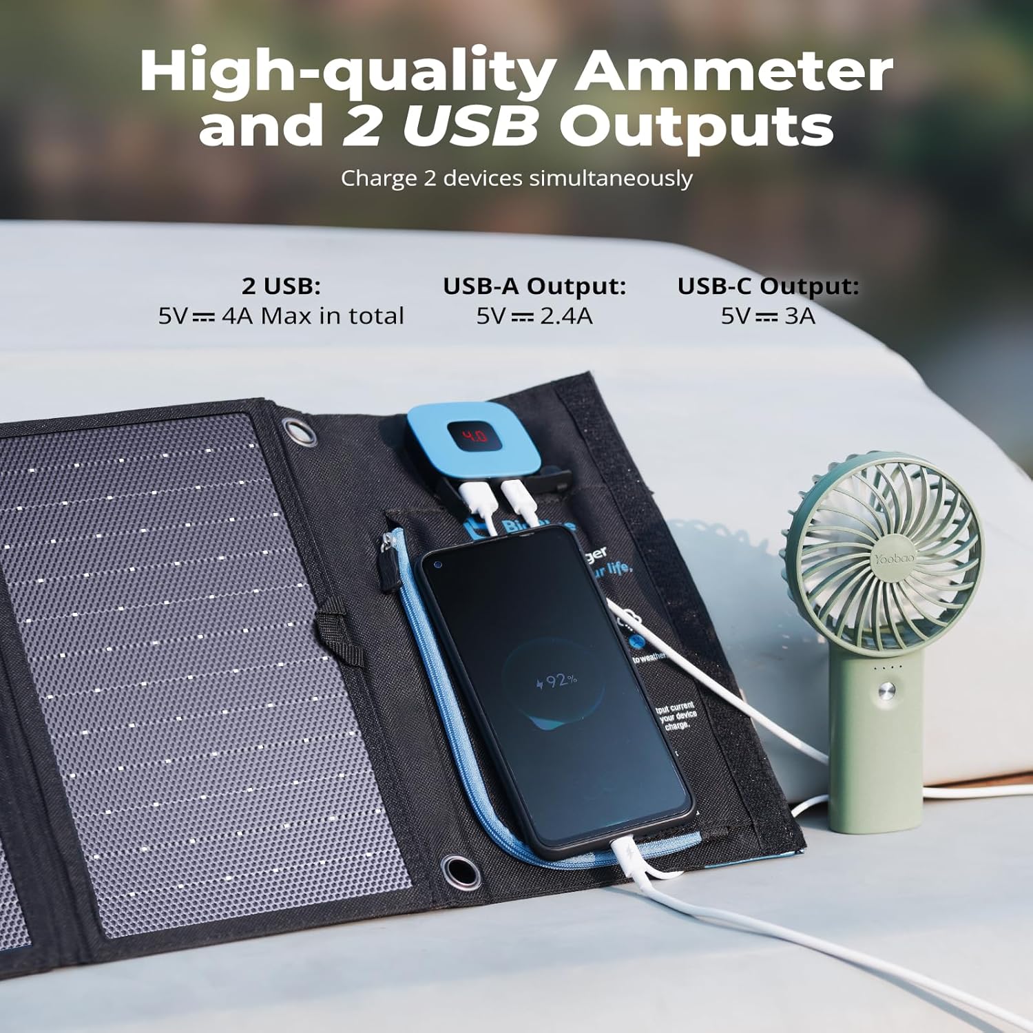28W Foldable Solar Charger USB C USB A Camping Travel