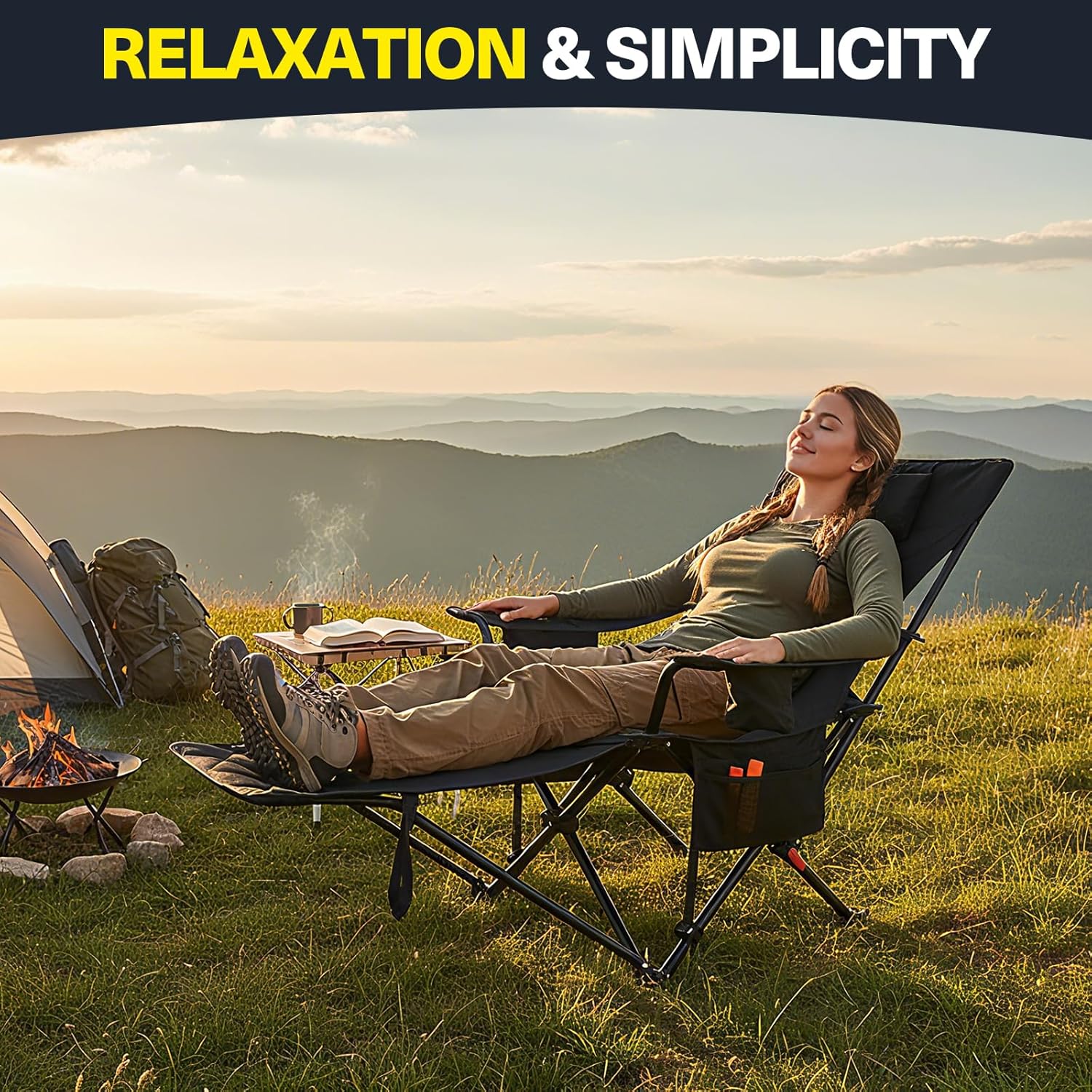 Set of 2 Reclining Camping Chairs with Footrest 300lb