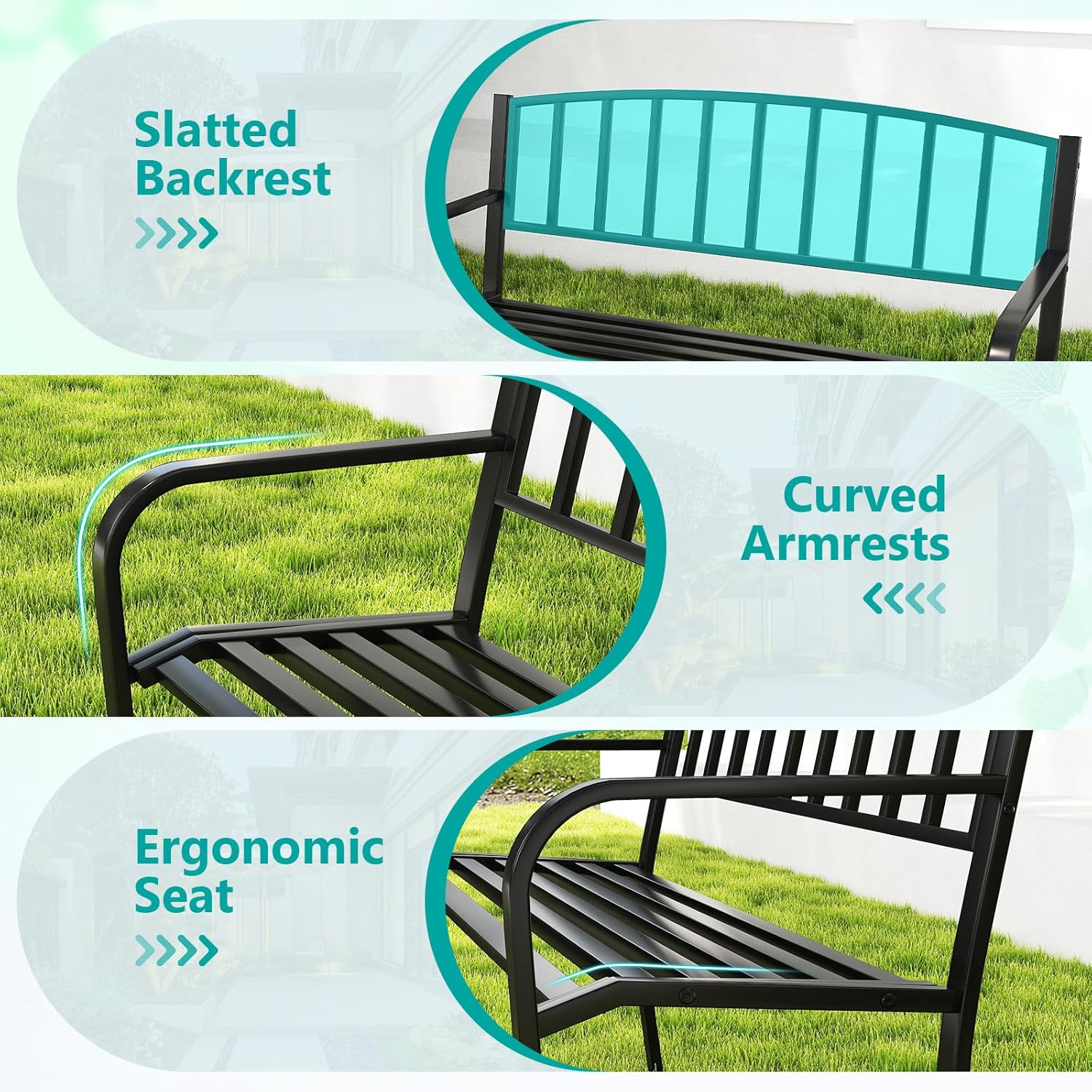 Metal Garden Bench 2-3 Seater Slatted Patio Park Seat