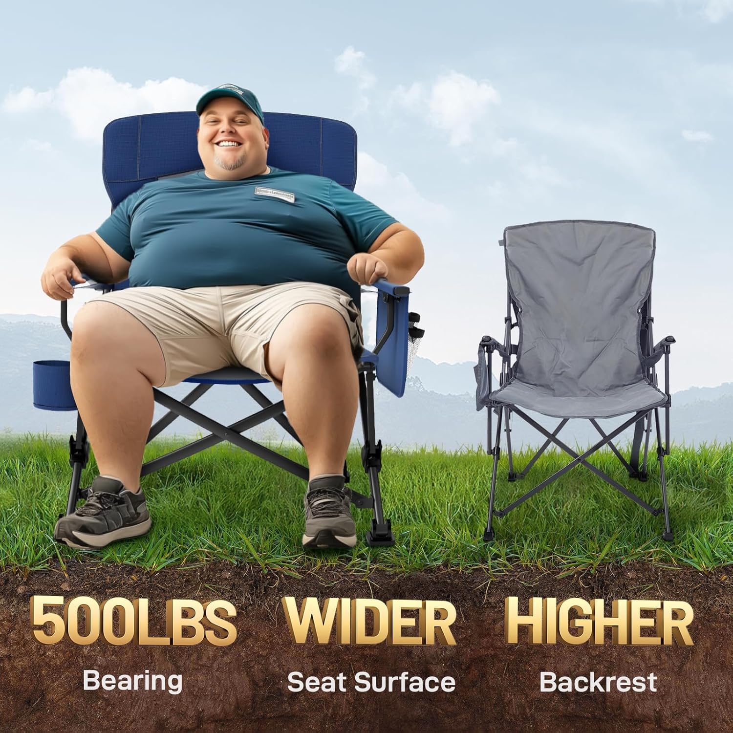 Oversized Folding Camping Chair with Lumbar Support Blue