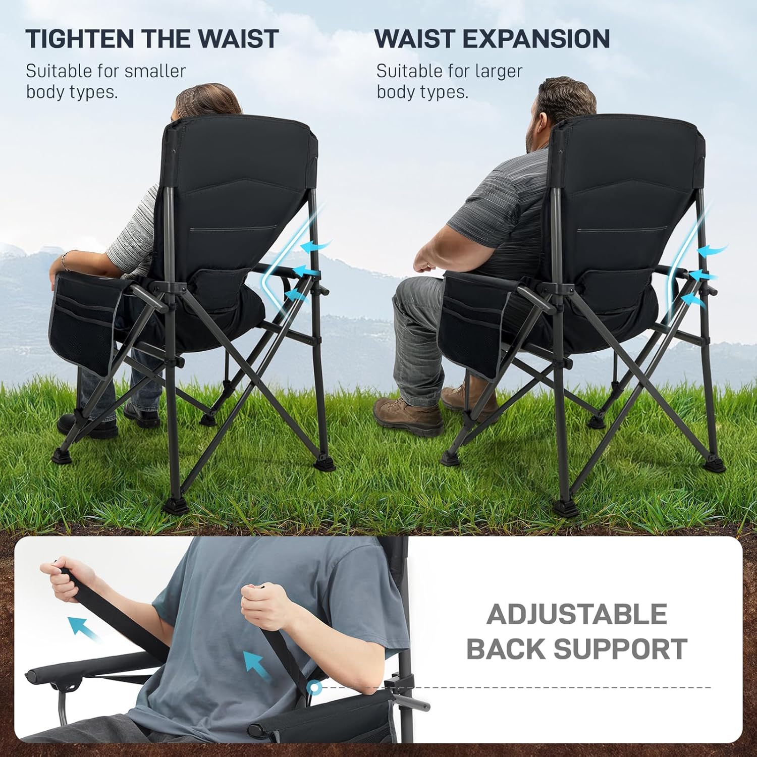 Oversized Folding Camping Chair XL Heavy Duty Lumbar Support 230KG Black