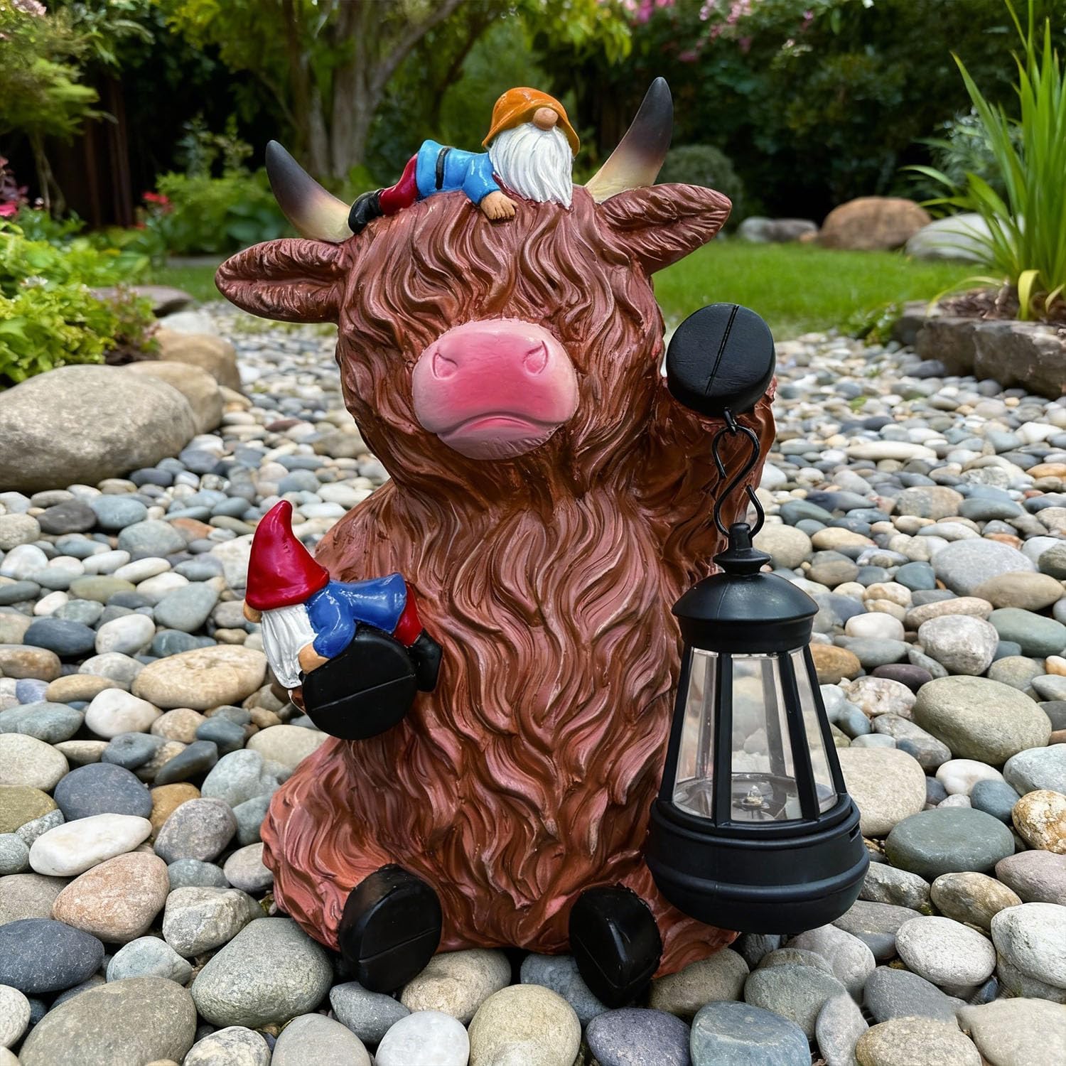 Solar Highland Cow Gnome Statue Lantern Outdoor Garden Decor