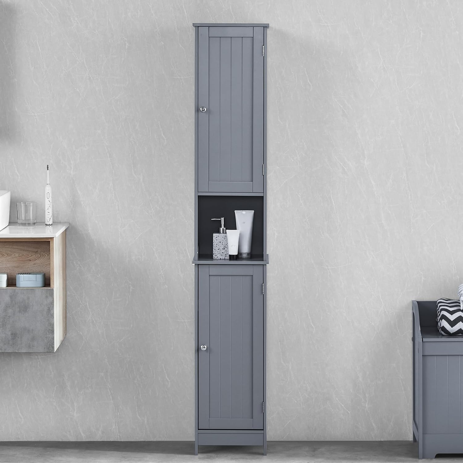 Tall Bathroom Storage Cabinet Grey 2 Door Tallboy Unit