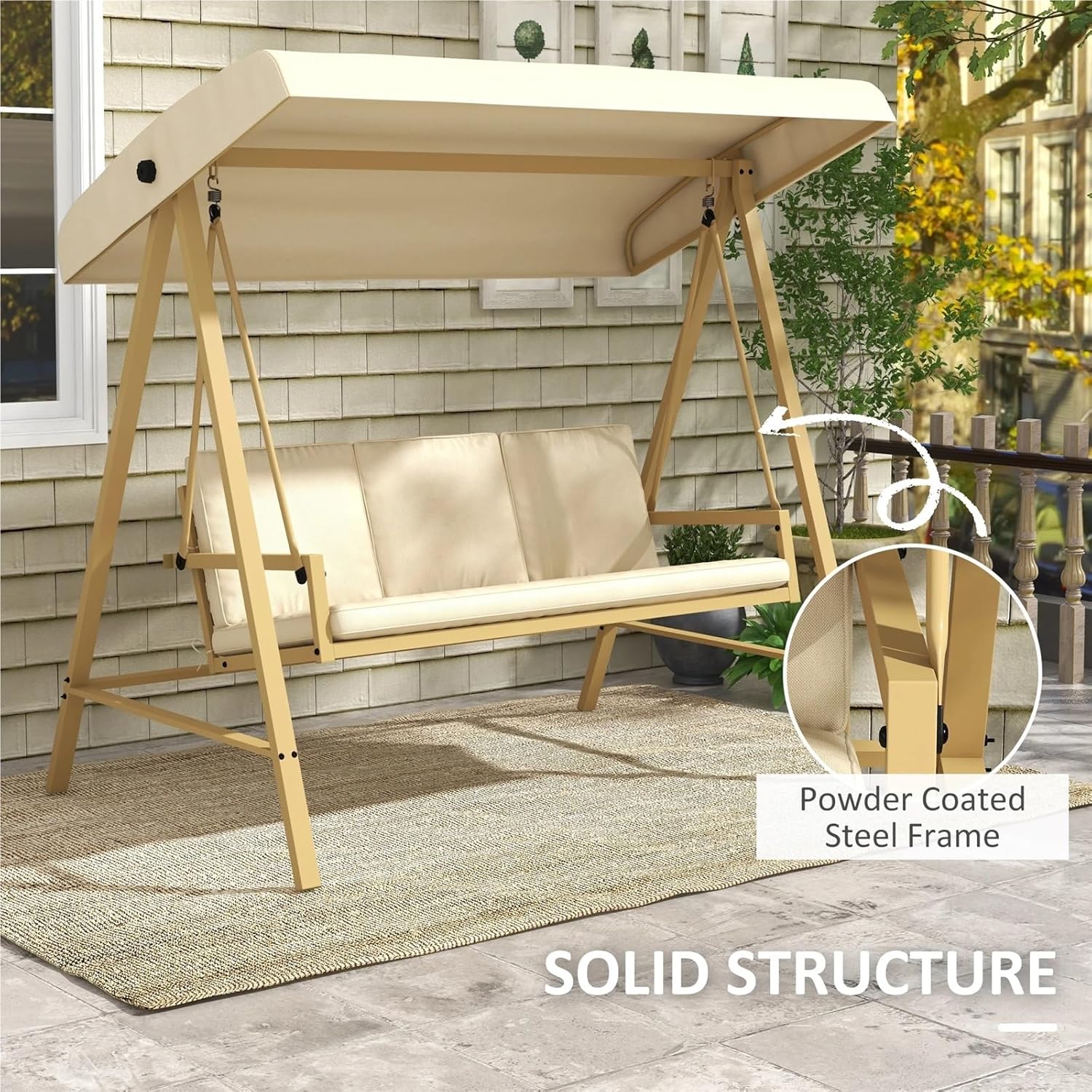 3 Seater Garden Swing Chair Grey Canopy Cushion Steel Frame