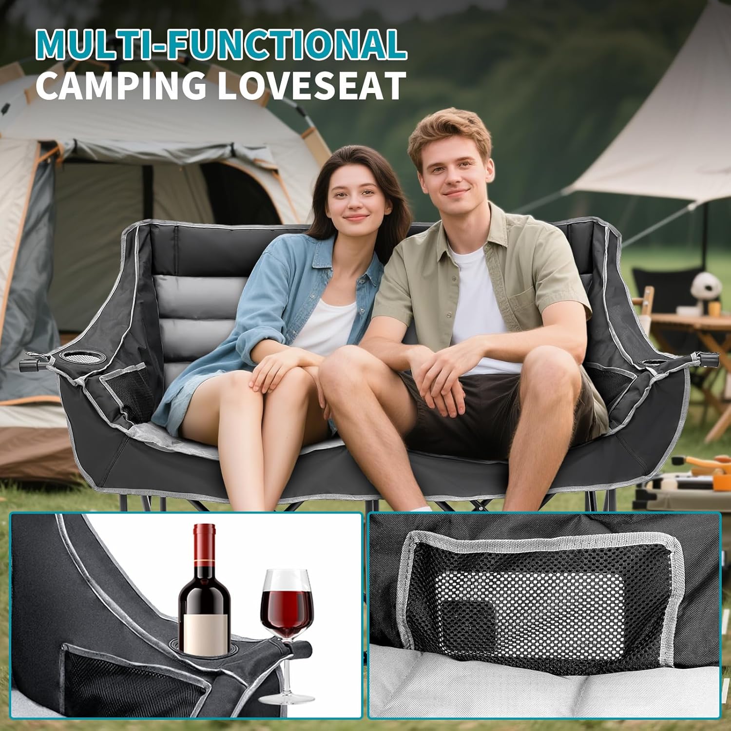 Double Camping Chair 2 Seater Padded Folding Sofa Black