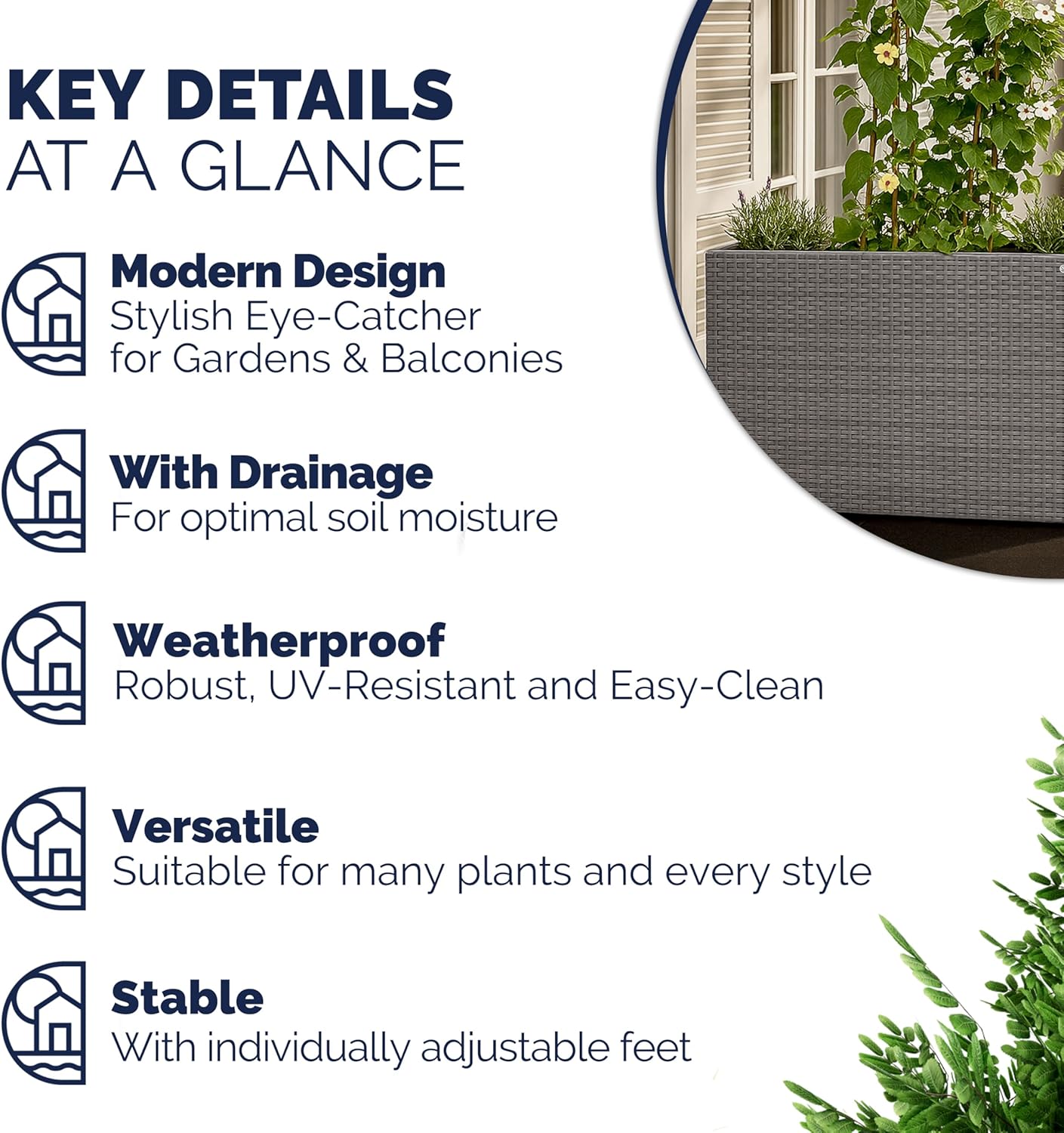 Large Tall Rattan Planter Box 95cm Grey with 4 Inner Pots