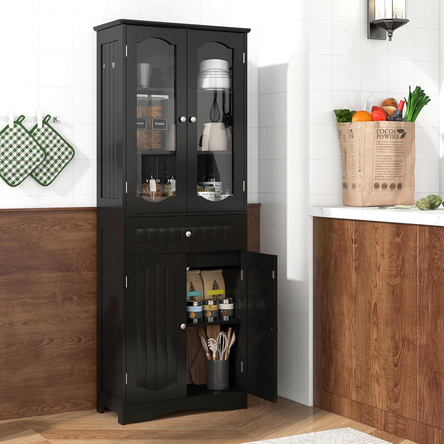 Tall Bathroom Cabinet Glass Door Drawer Shelf Unit Black