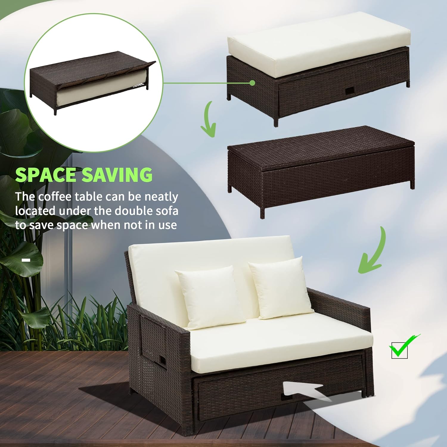 Double Rattan Sun Lounger Daybed Storage Ottoman Brown