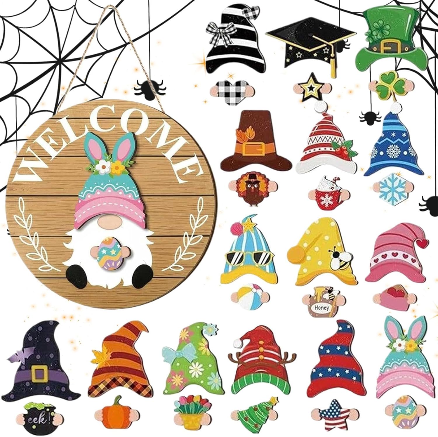 Gnome Welcome Sign 30Pcs Seasonal Wooden Door Decor Magnetic
