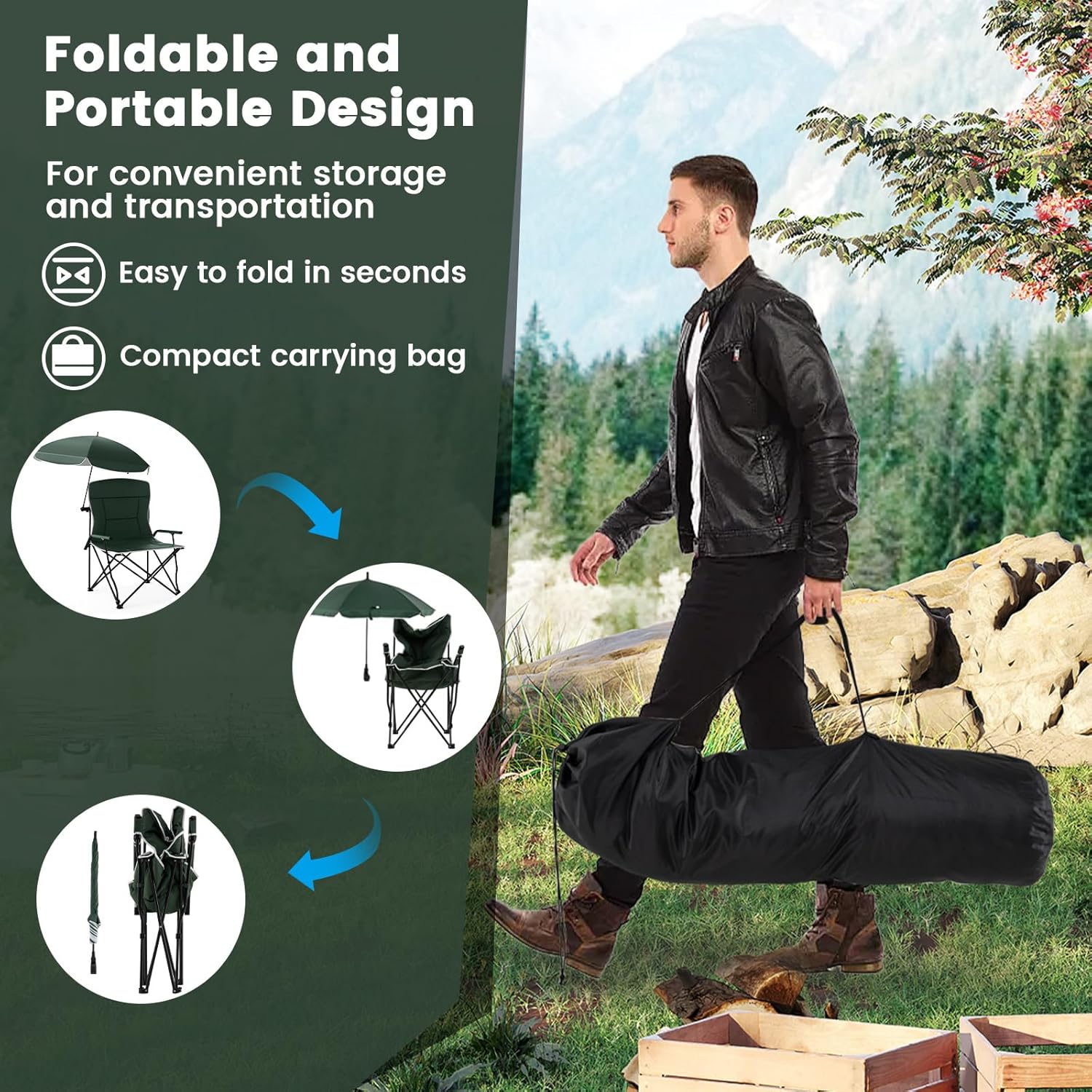 2 Pack Camping Chairs with Adjustable Umbrella