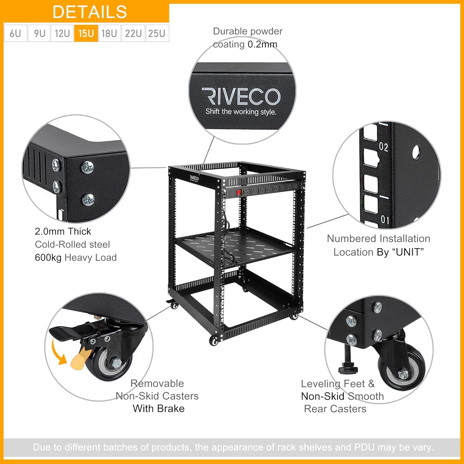 15U 19 Inch Open Frame Server Rack with Wheels Shelf PDU