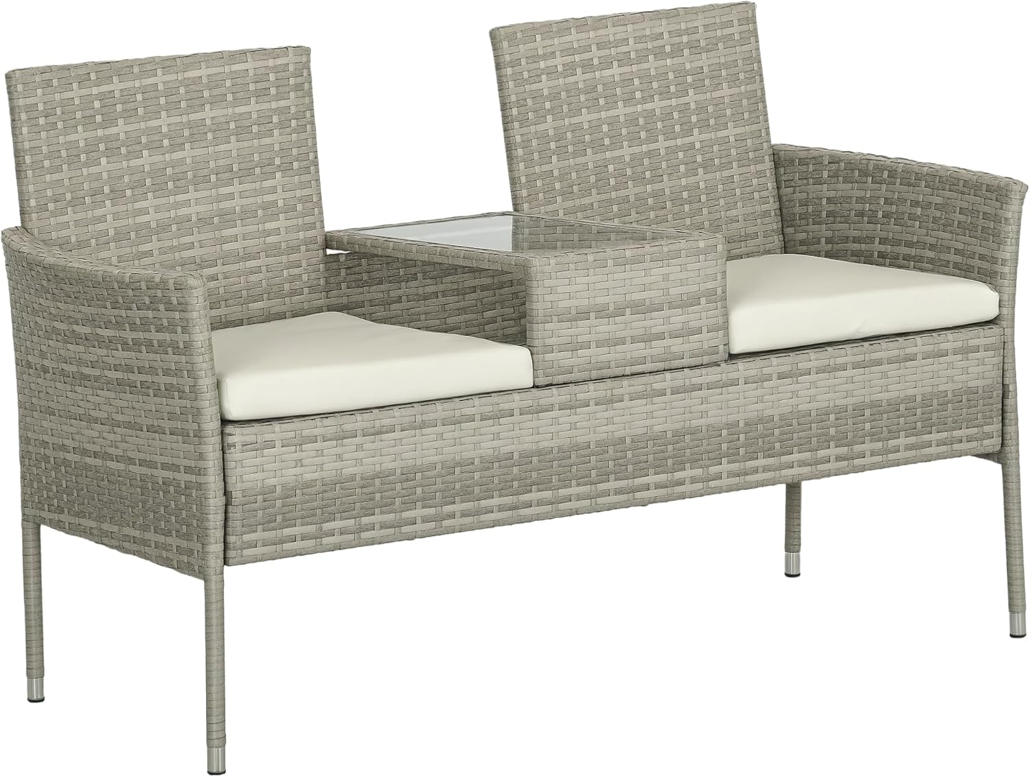 2 Seater Rattan Garden Bench with Glass Table Patio Love Seat Grey