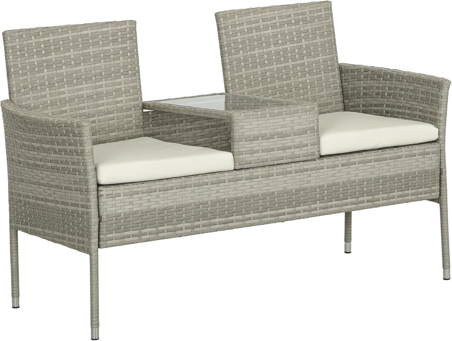 2 Seater Rattan Garden Bench with Glass Table Patio Love Seat Grey