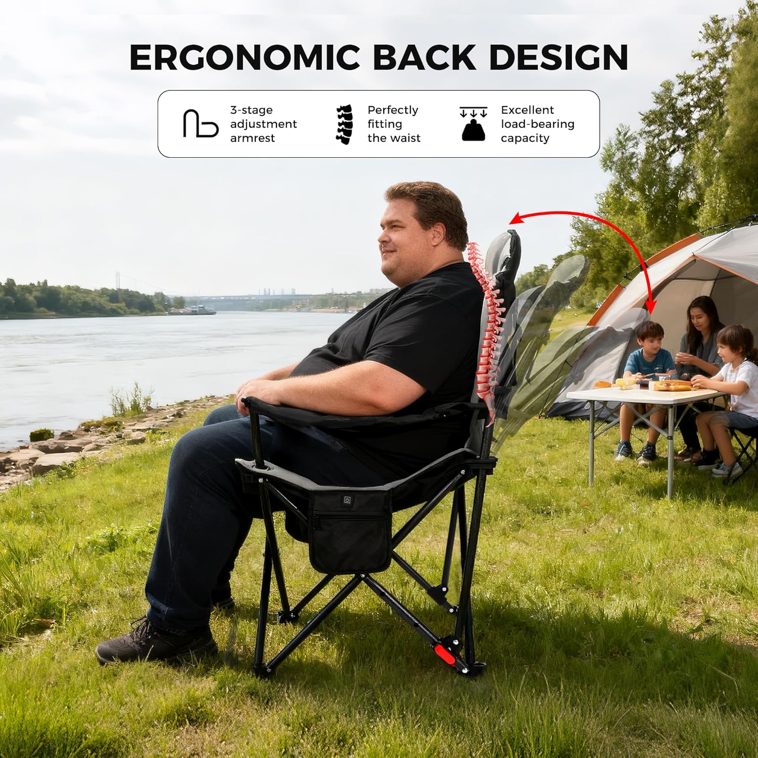 Heated Folding Camping Chair 159kg High Back Portable Seat