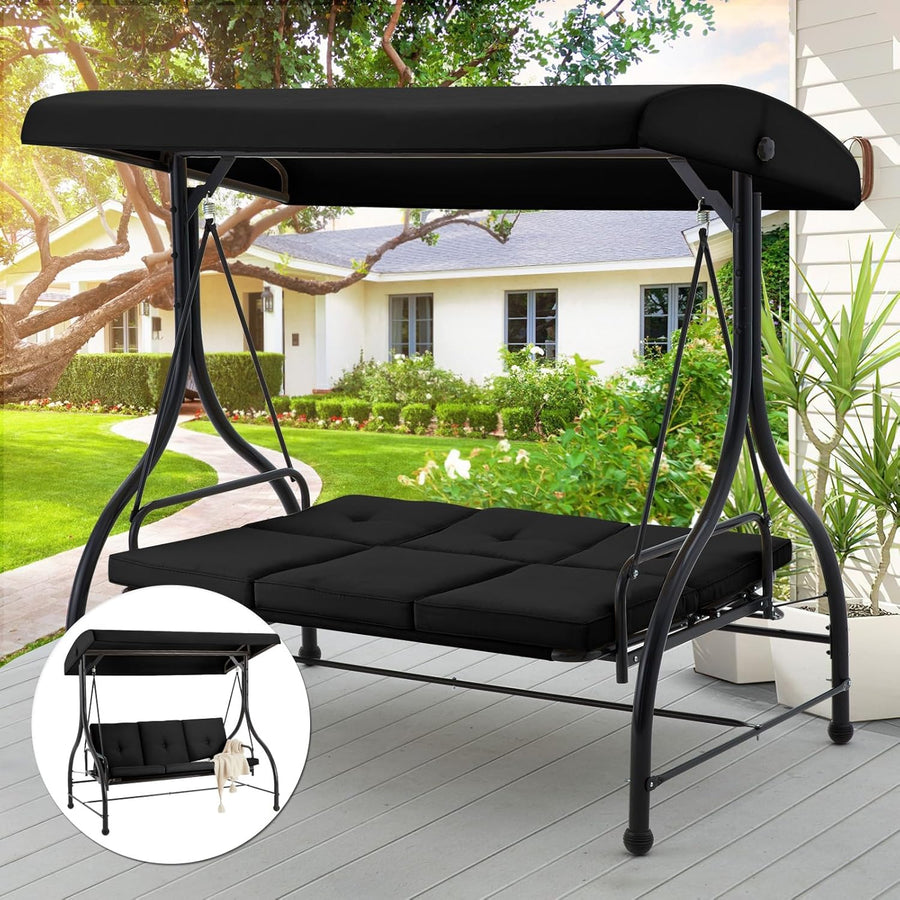 3 Seater Garden Swing Seat Bed Convertible Hammock Chair Black
