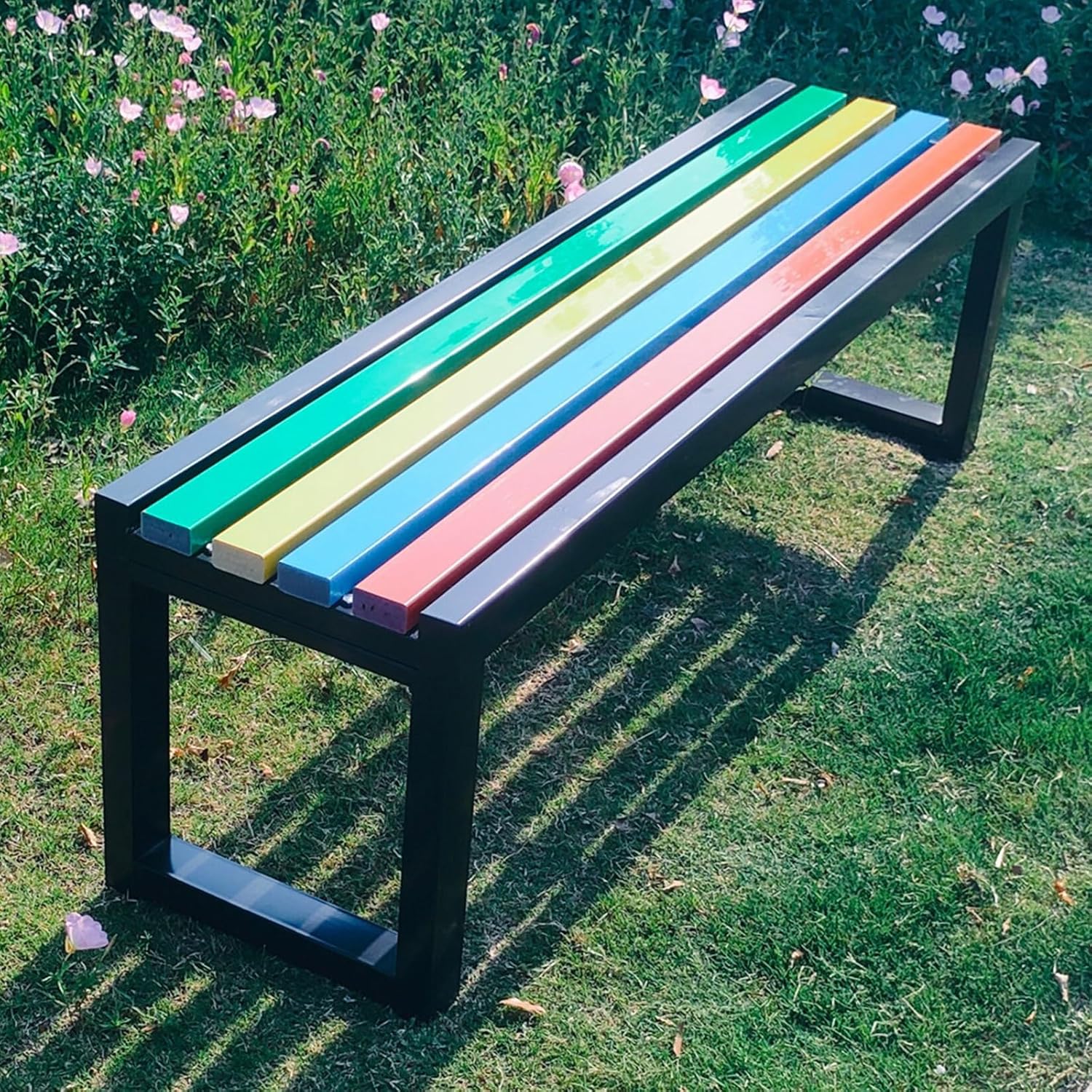 Outdoor Backless Garden Bench Wood Metal Patio Seat 100cm