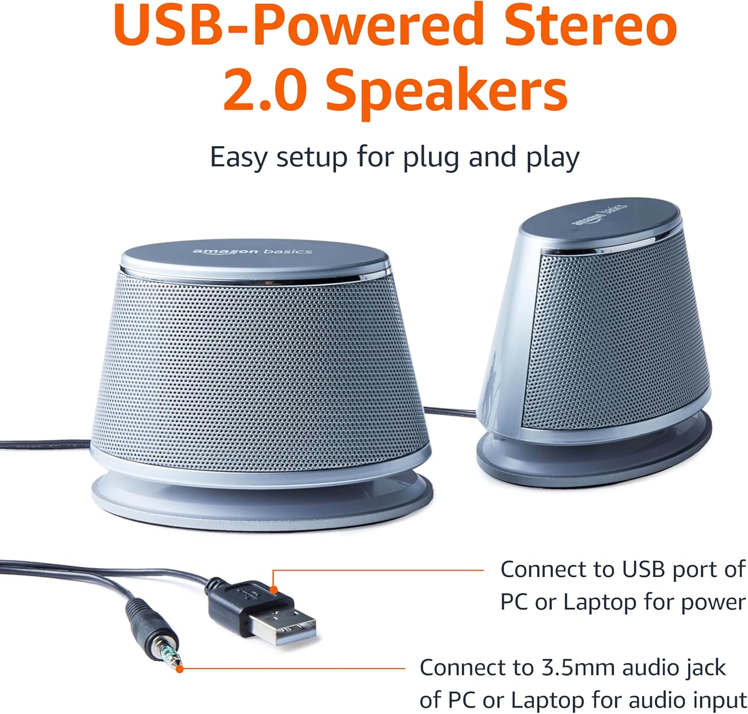 USB Powered PC Laptop Stereo Speakers 3.5mm Aux Compact Silver