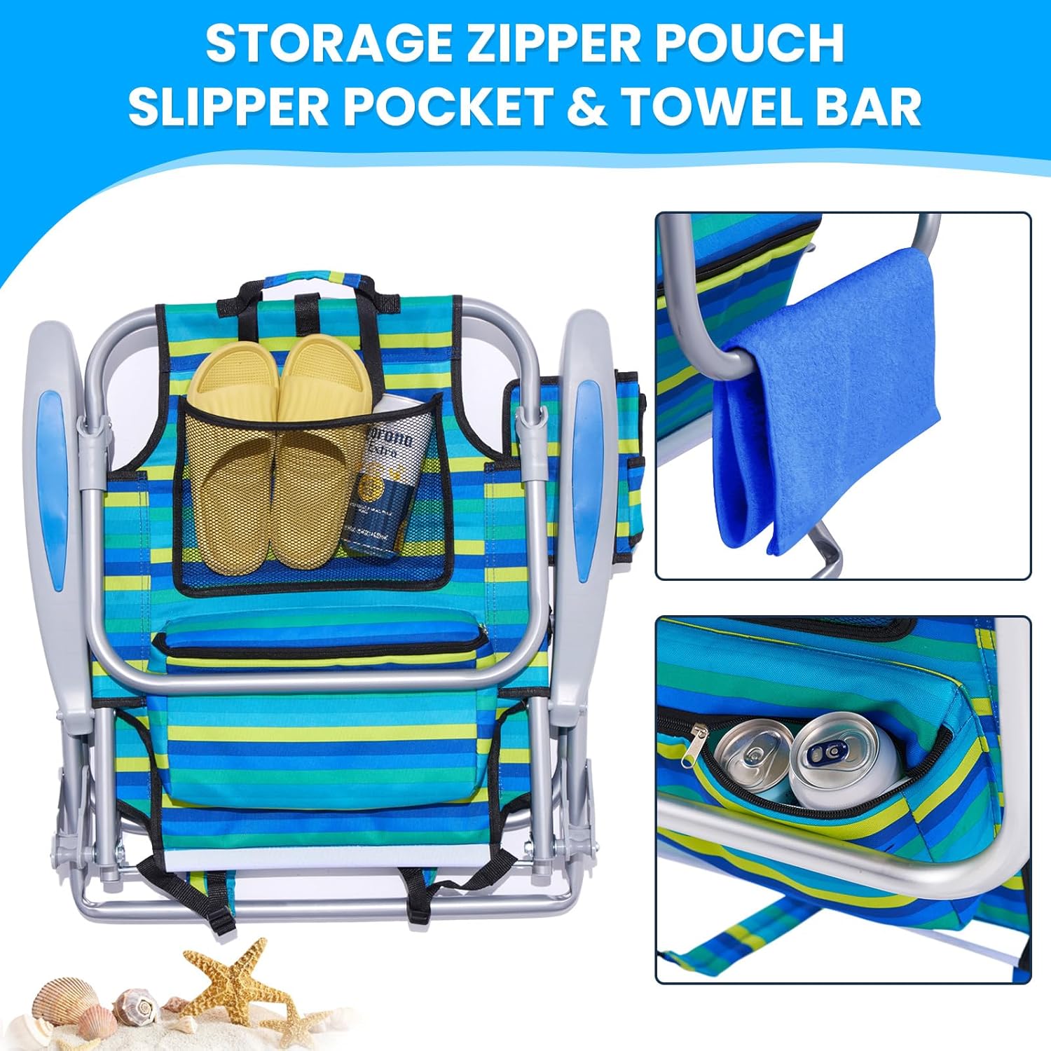 Lightweight Reclining Beach Chair 4 Position Ocean Striped