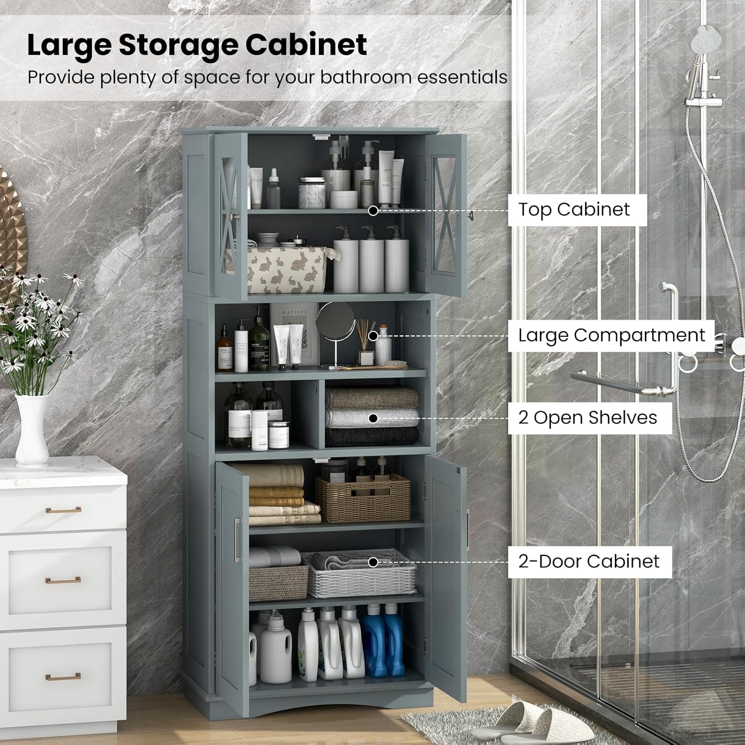 Grey Tallboy Bathroom Cabinet 4 Door Shelf Storage Unit