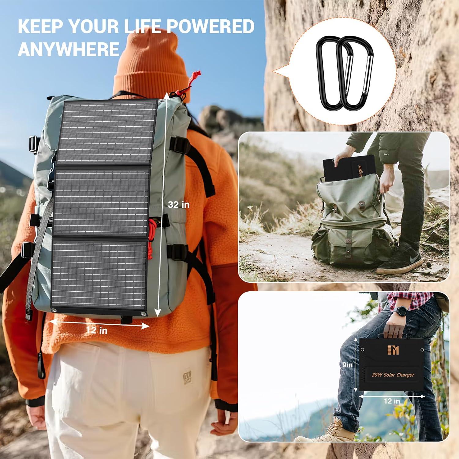 30W Portable Solar Panel Foldable USB C USB A Charger Camping