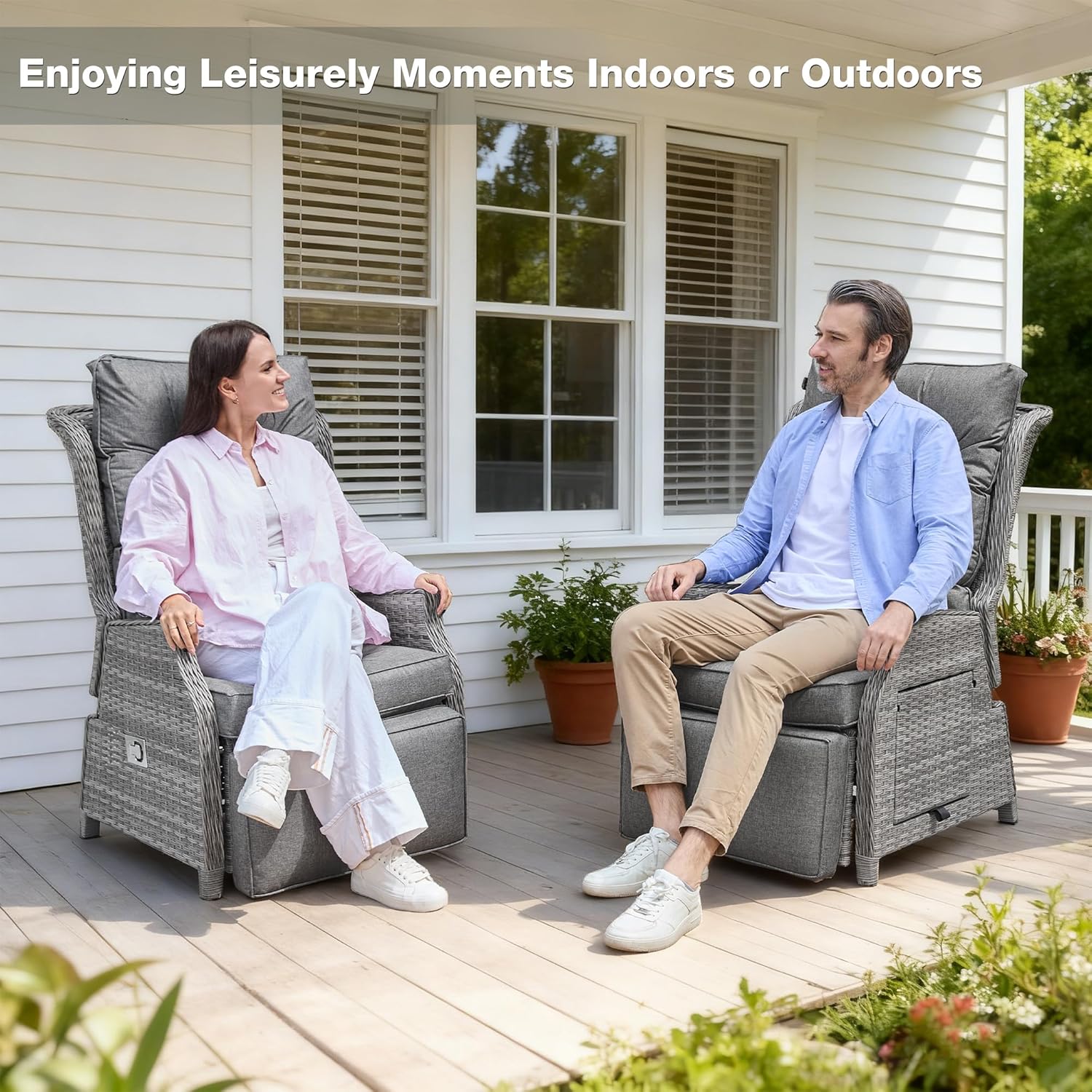 2 Piece Rattan Reclining Sun Lounger Set Table Grey