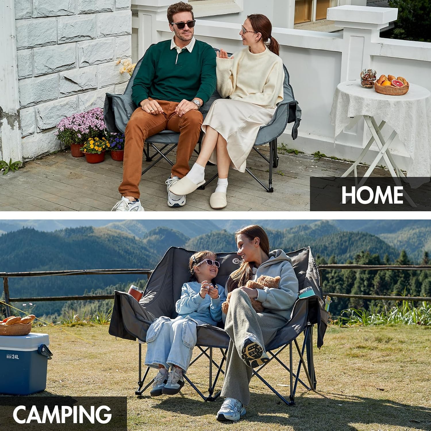 Double Camping Sofa Chair Foldable 2 Seater Padded Grey