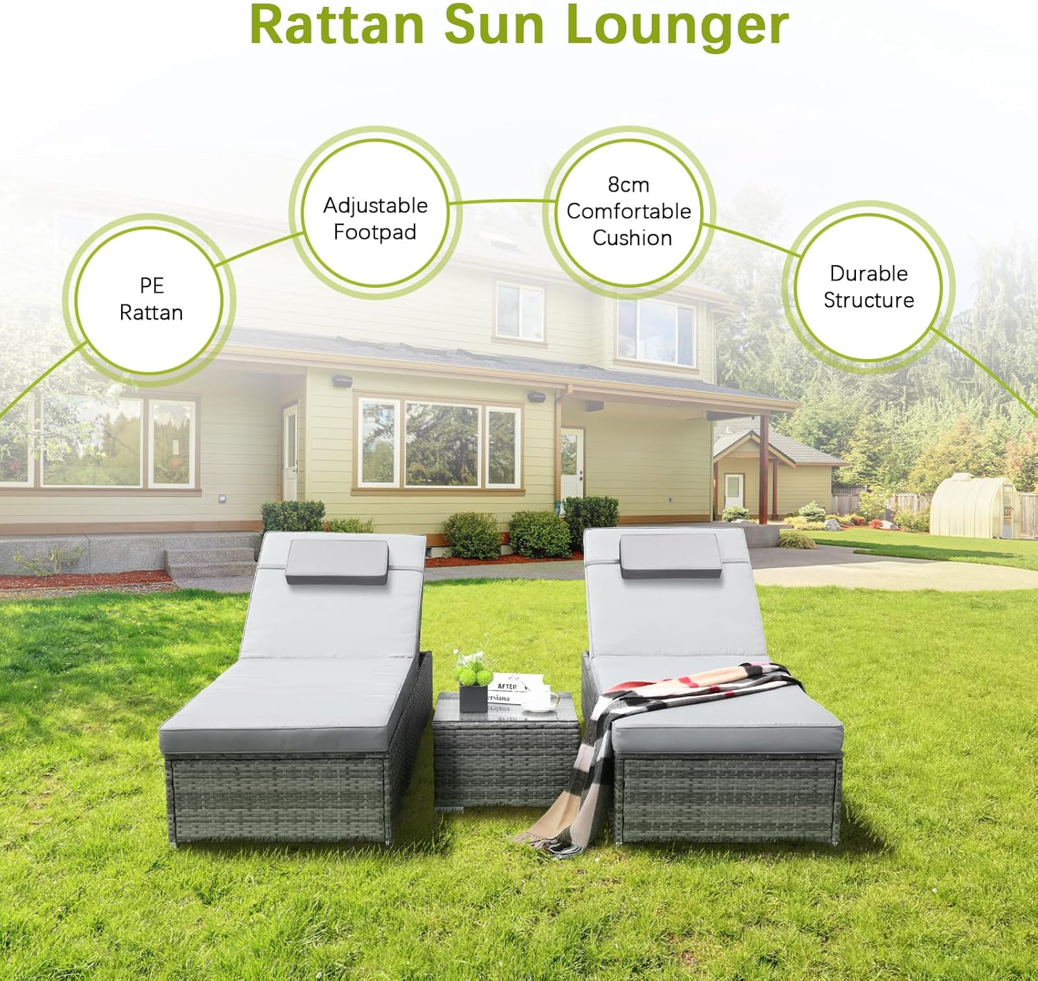 3 Piece Rattan Sun Lounger Set Recliner Day Bed Table Grey