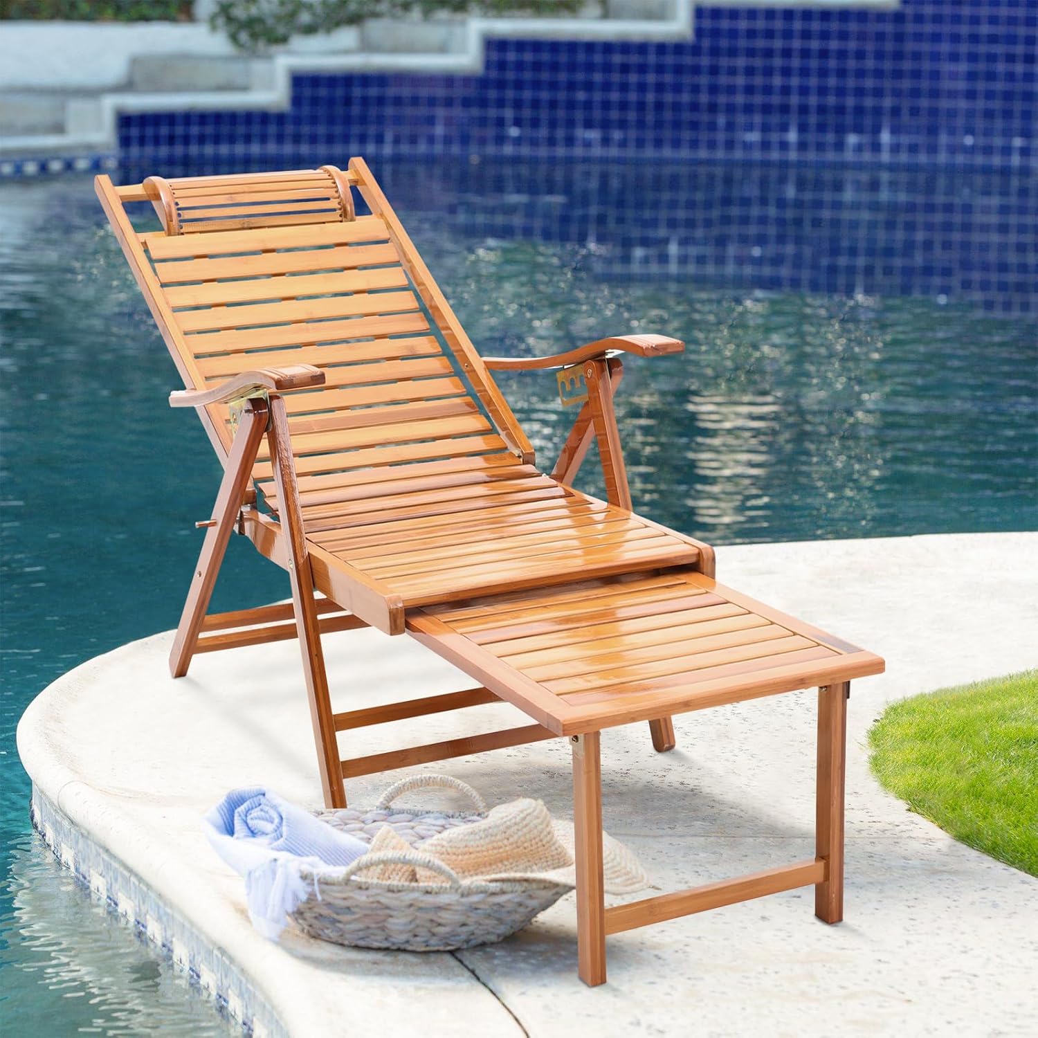 Foldable Bamboo Sun Lounger Recliner Chair 5 Position