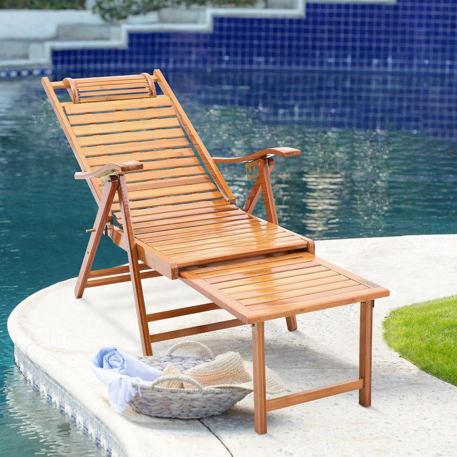 Foldable Bamboo Sun Lounger Recliner Chair 5 Position