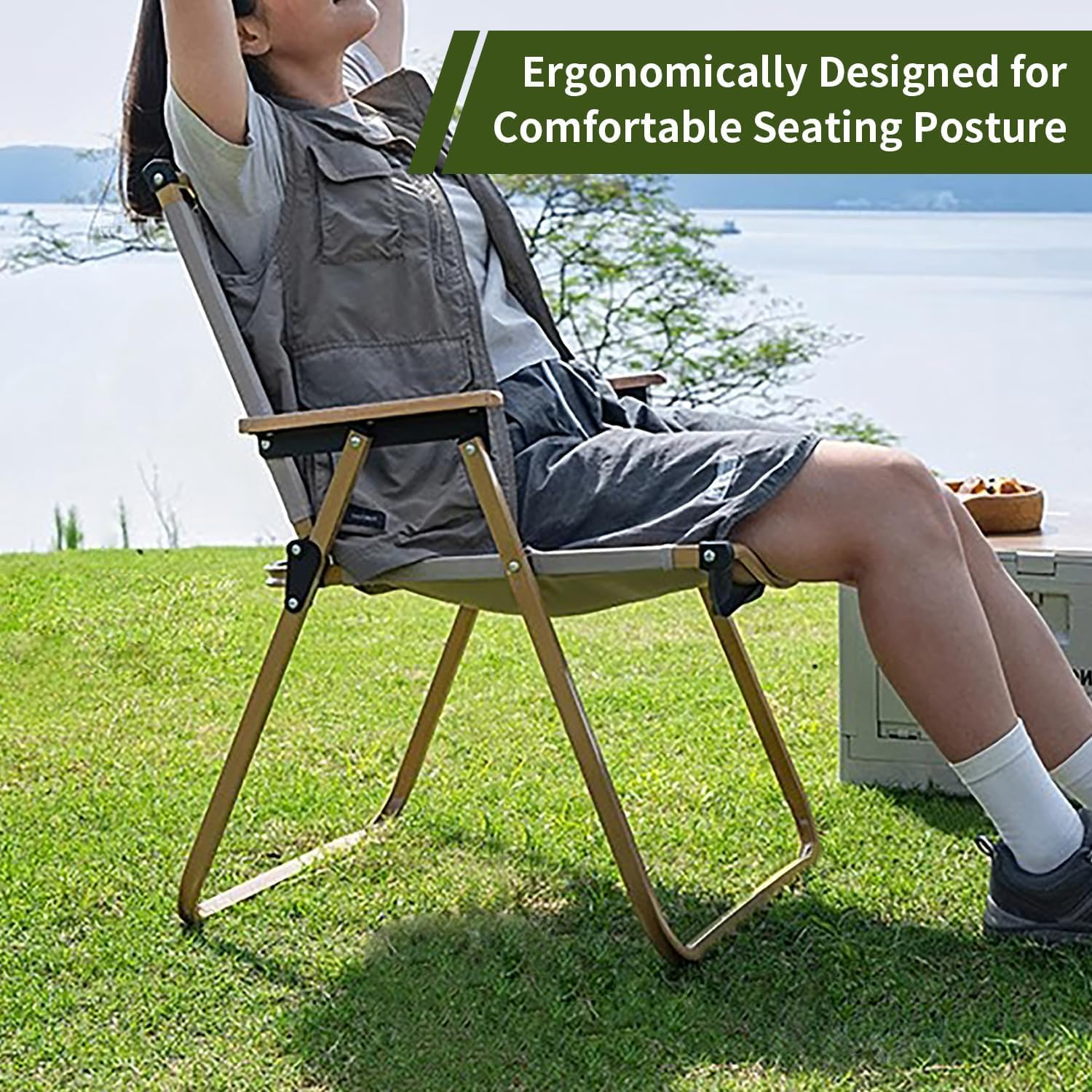 2 Pack Portable Folding Camping Chairs Wide Seat Wooden Arms