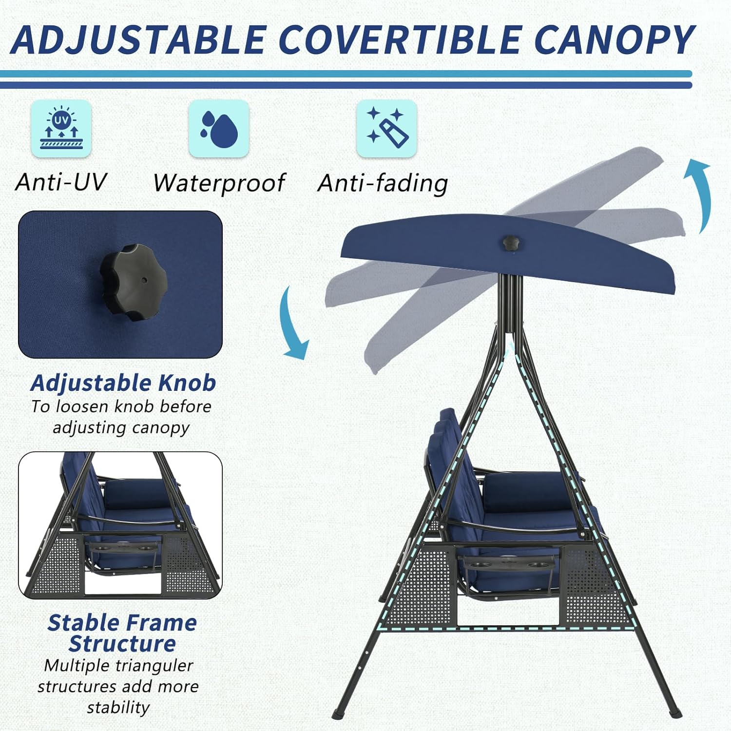 3 Seater Garden Swing Chair Blue Canopy Cup Trays