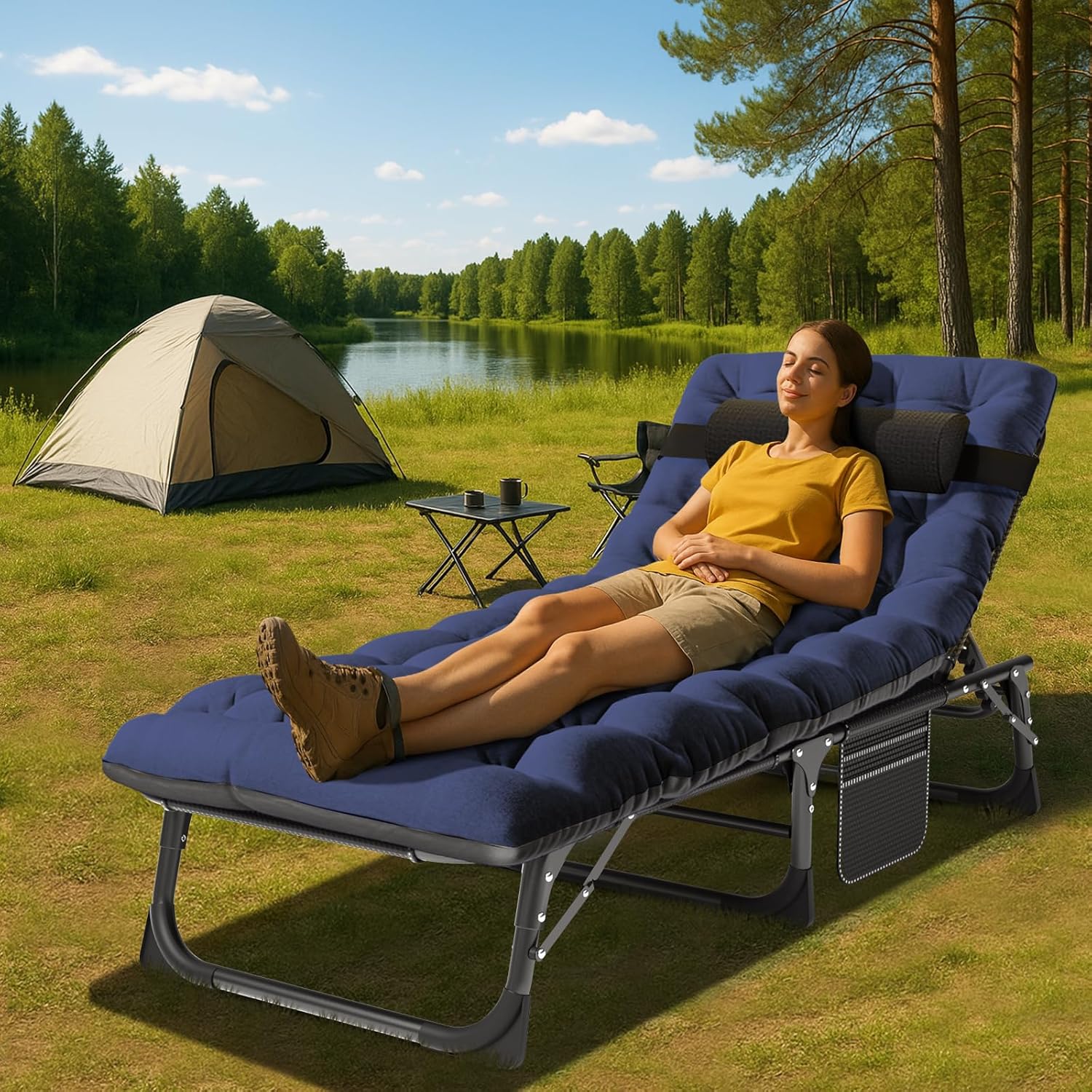 Heavy Duty Folding Lounger Bed Blue 200KG Recliner