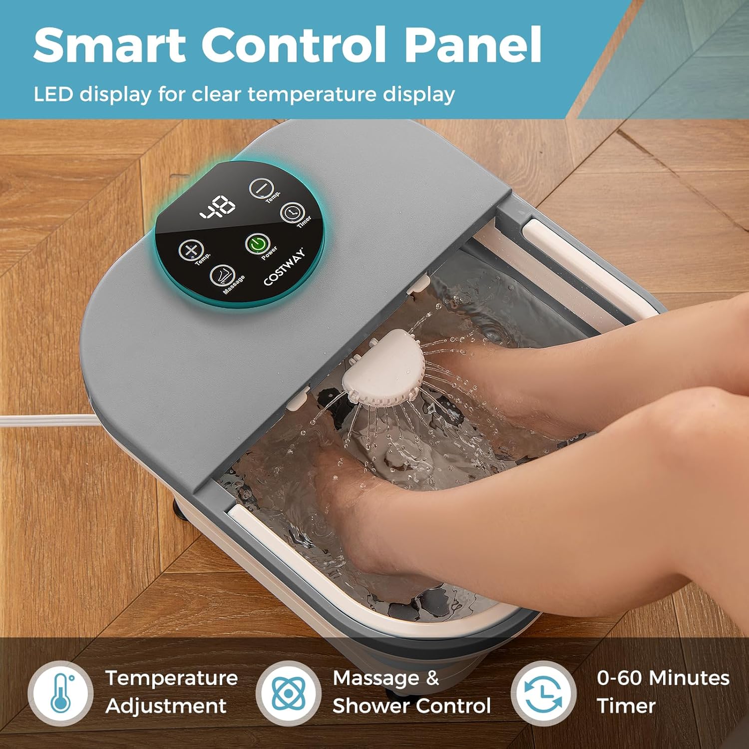 Foldable Heated Foot Spa Massager 30 Rollers Shower Timer