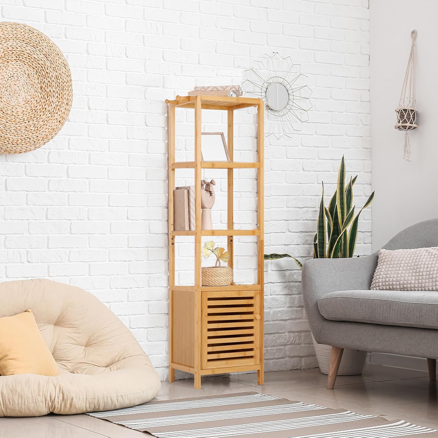 Tall Bamboo Bathroom Storage Cabinet Natural Shelf Unit